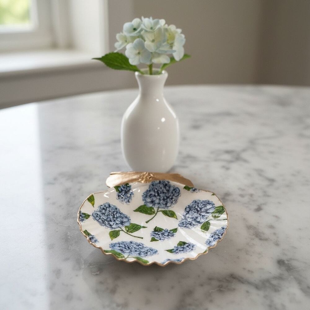 Blue Hydrangea Shell Trinket Dish, Floral Jewelry Holder
